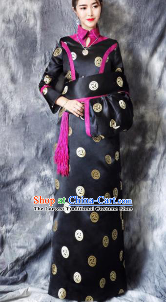 Chinese Traditional Ethnic Bride Black Tibetan Robe Zang Nationality Female Dress Costume for Women