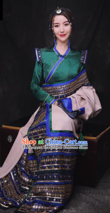 Chinese Traditional Ethnic Bride Royalblue Tibetan Robe Zang Nationality Female Dress Costume for Women