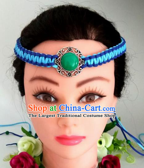 Chinese Traditional Mongol Nationality Blue Weave Hair Clasp Mongolian Ethnic Dance Headband Accessories for Women