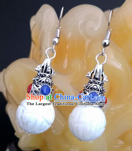 Chinese Traditional Mongol Nationality White Ball Earrings Mongolian Ethnic Ear Accessories for Women