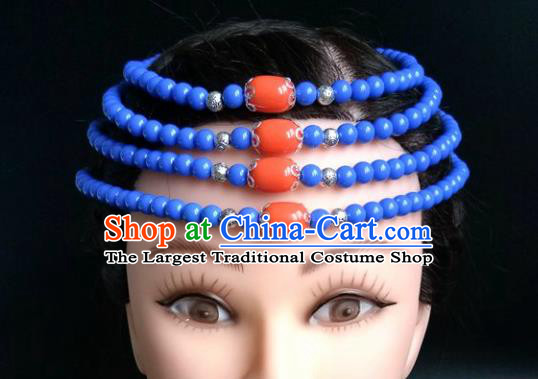 Chinese Traditional Mongol Nationality Royalblue Beads Hair Clasp Mongolian Ethnic Dance Headband Accessories for Women