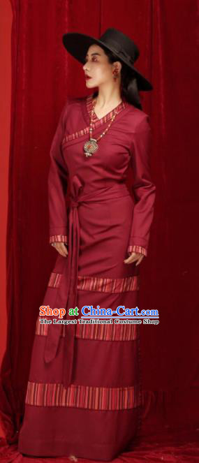 Chinese Traditional Tibetan Robe Zang Nationality Female Wine Red Dress Ethnic Costume for Women