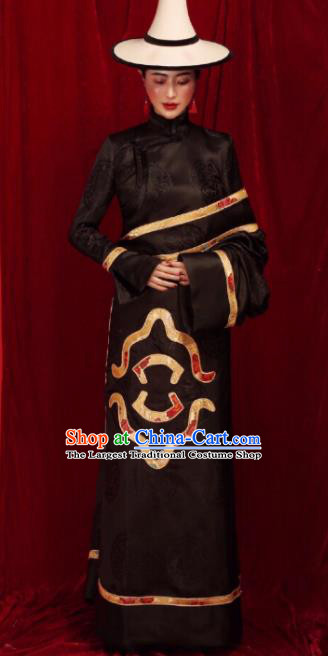 Chinese Traditional Ethnic Black Tibetan Robe Zang Nationality Female Dress Costume for Women