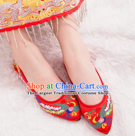 Chinese Traditional Opera Shoes Wedding Red Shoes Hanfu Princess Shoes Embroidered Phoenix Shoes for Women