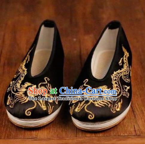 Chinese Embroidered Dragons Shoes Traditional Opera Black Satin Shoes Wedding Shoes Hanfu Princess Shoes for Women