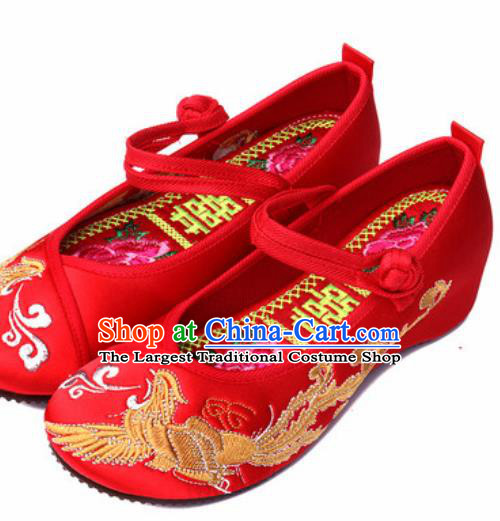 Chinese Traditional Embroidered Phoenix Shoes Opera Red Satin Shoes Wedding Shoes Hanfu Princess Shoes for Women