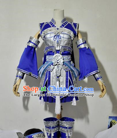 Chinese Traditional Cosplay Female Knight Costume Armour Ancient Swordsman Blue Dress for Women