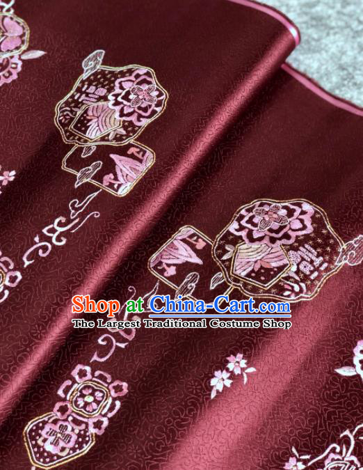 Traditional Chinese Embroidered Wine Red Silk Fabric Classical Pattern Design Brocade Fabric Asian Satin Material