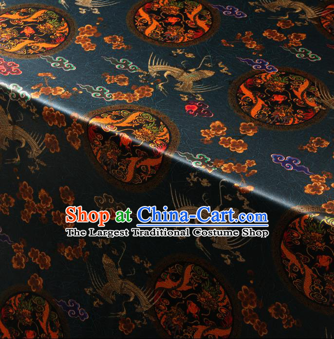 Chinese Traditional Classical Dragon Crane Pattern Navy Blue Brocade Damask Asian Satin Drapery Silk Fabric