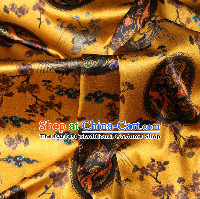 Chinese Traditional Classical Crane Dragon Pattern Yellow Brocade Damask Asian Satin Drapery Silk Fabric