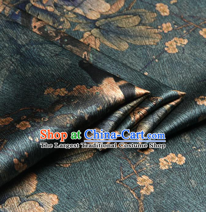 Chinese Traditional Classical Peony Plum Pattern Deep Green Brocade Damask Asian Satin Drapery Silk Fabric