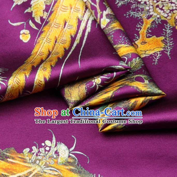 Chinese Traditional Classical Flowers Birds Pattern Purple Brocade Damask Asian Satin Drapery Silk Fabric