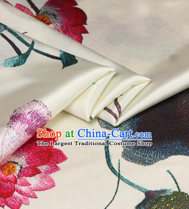 Chinese Traditional Classical Lotus Pattern White Brocade Damask Asian Satin Drapery Silk Fabric