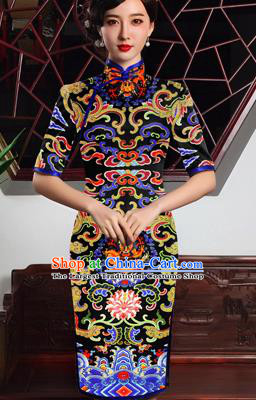 Chinese Traditional Classical Dragon Pattern Black Brocade Damask Asian Satin Drapery Silk Fabric