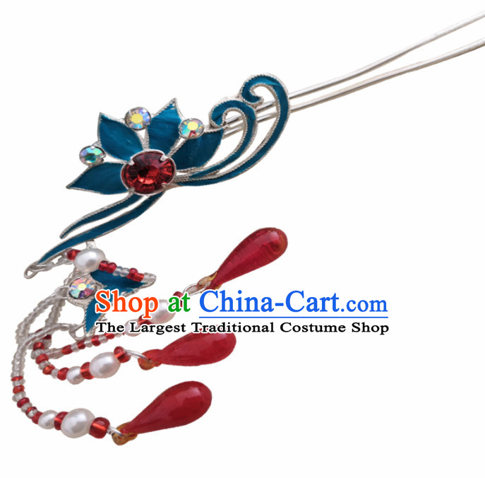 Chinese Ancient Queen Blue Tassel Hairpins Traditional Beijing Opera Diva Hair Accessories for Adults