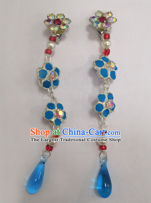 Chinese Ancient Queen Blue Crystal Plum Earrings Traditional Beijing Opera Diva Ear Accessories for Adults