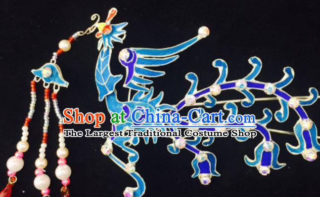 Chinese Ancient Court Princess Blue Phoenix Tassel Hairpins Traditional Beijing Opera Diva Hair Accessories for Adults