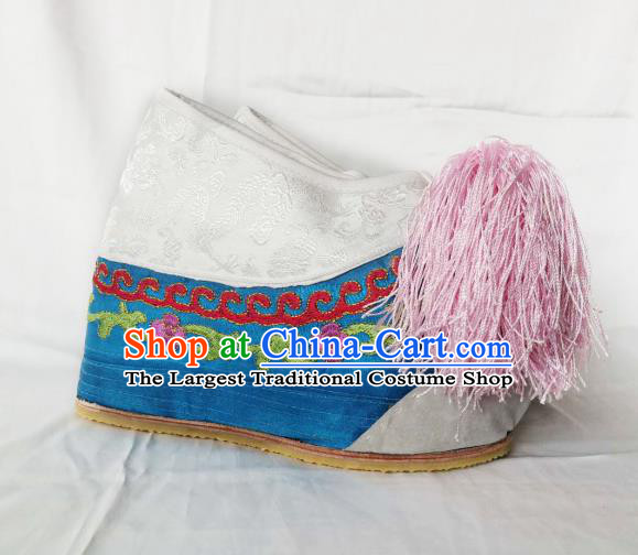 Chinese Ancient Court Princess Hanfu Blue Blood Stained Shoes Traditional Beijing Opera Diva Embroidered Shoes for Adults