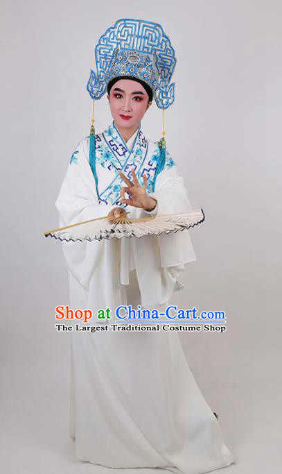 Chinese Traditional Beijing Opera Niche White Robe Ancient Scholar Nobility Childe Embroidered Costume for Men