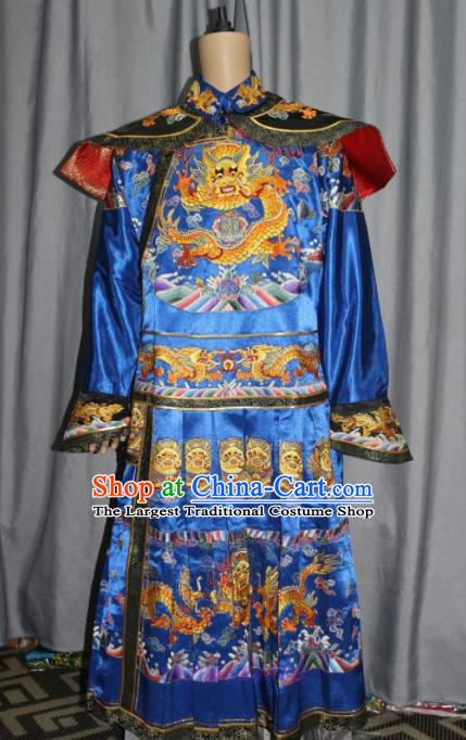 Chinese Traditional Drama Manchu Blue Costume Ancient Qing Dynasty Emperor Imperial Robe for Men