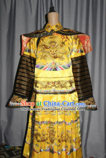 Chinese Traditional Drama Manchu Golden Silk Costume Ancient Qing Dynasty Emperor Imperial Robe for Men