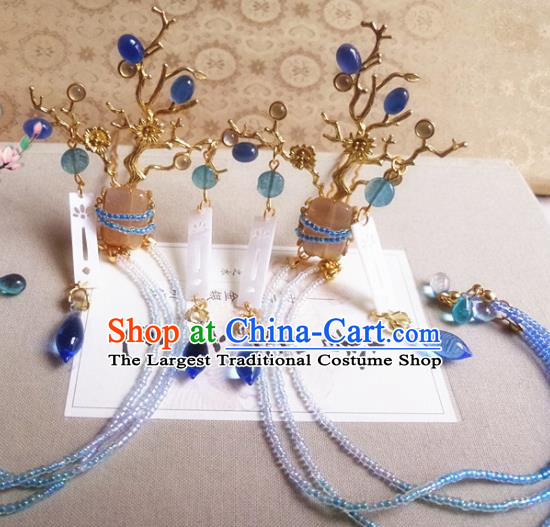 Chinese Ancient Princess Blue Beads Tassel Hair Claws Hairpins Traditional Hanfu Palace Hair Accessories for Women