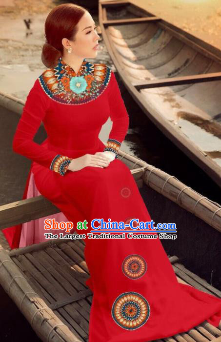 Asian Vietnam Traditional Bride Red Dress Vietnamese National Classical Ao Dai Cheongsam for Women