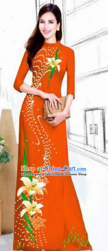 Asian Vietnam Traditional Bride Printing Lily Flowers Orange Dress Vietnamese National Classical Ao Dai Cheongsam for Women