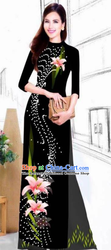 Asian Vietnam Traditional Bride Printing Lily Flowers Black Dress Vietnamese National Classical Ao Dai Cheongsam for Women