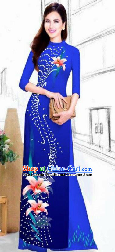 Asian Vietnam Traditional Bride Printing Lily Flowers Royalblue Dress Vietnamese National Classical Ao Dai Cheongsam for Women