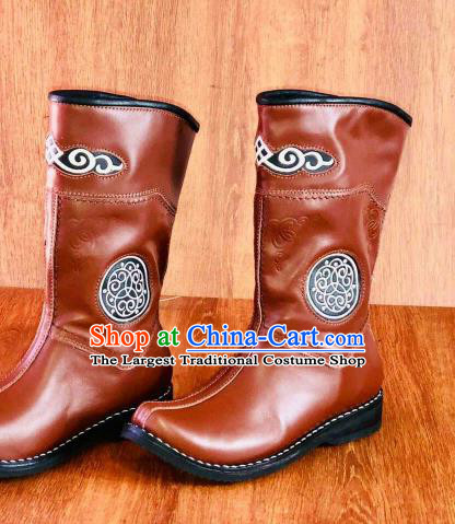 Traditional Chinese Mongol Nationality Orange Shoes Mongolian Minority Folk Dance Leather Boots for Men