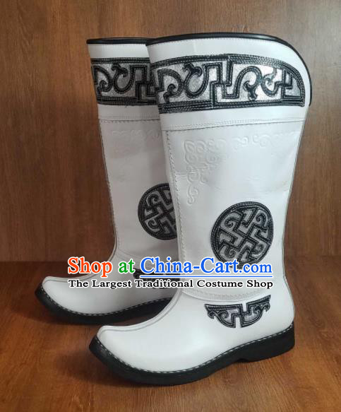 Traditional Chinese Mongol Nationality White Leather Boots Mongolian Minority Folk Dance Shoes for Men