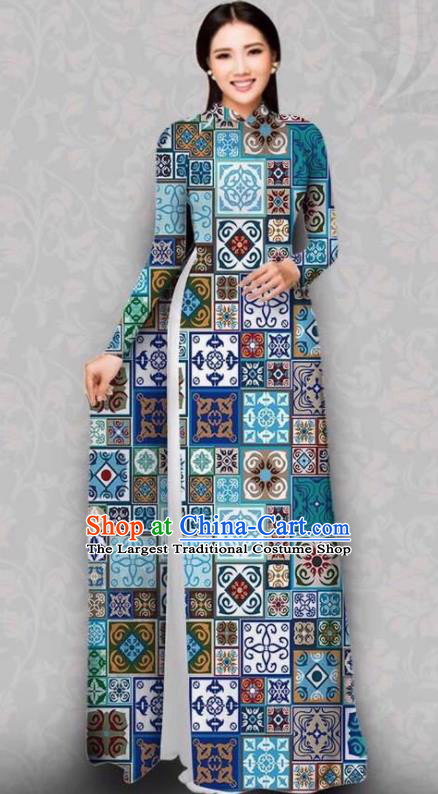 Asian Vietnam Traditional Blue Dress Bride Costume Vietnamese National Classical Ao Dai Cheongsam for Women