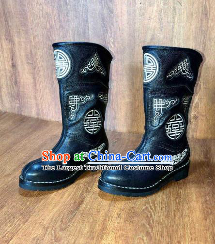 Traditional Chinese Mongol Ethnic Black Leather Boots Mongolian Minority Folk Dance Handmade Shoes for Men