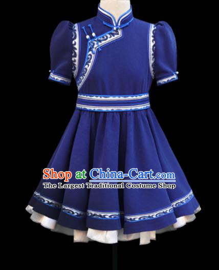 Traditional Chinese Mongol Ethnic Navy Short Dress Mongolian Minority Folk Dance Clothing for Kids