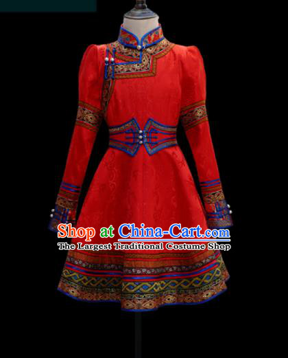 Traditional Chinese Mongol Ethnic Red Dress Mongolian Minority Folk Dance Clothing for Kids