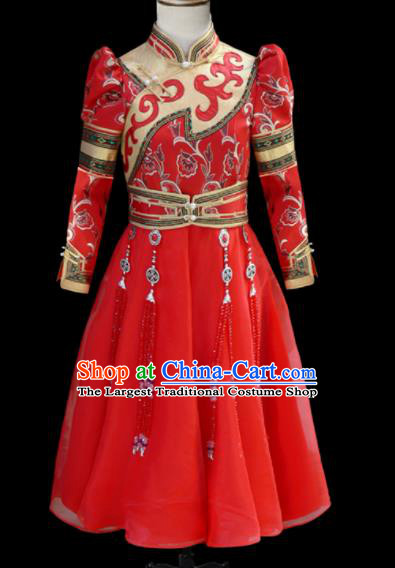 Chinese Traditional Mongol Ethnic Red Dress Mongolian Minority Folk Dance Clothing for Kids