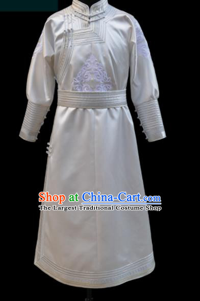 Chinese Traditional Mongol Ethnic Bridegroom White Robe Mongolian Minority Folk Dance Costume for Men