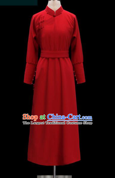 Traditional Chinese Mongol Ethnic Wedding Red Dress Mongolian Minority Folk Dance Embroidered Costume for Women