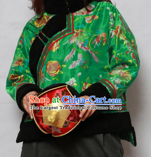 Traditional Chinese Mongol Ethnic Printing Green Cotton Wadded Jacket Mongolian Minority Folk Dance Costume for Women