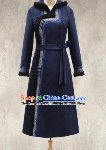 Traditional Chinese Mongol Ethnic Navy Cotton Wadded Coat Mongolian Minority Folk Dance Costume for Women