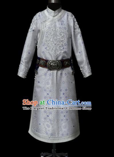 Chinese Traditional Mongol Ethnic National White Robe Mongolian Minority Folk Dance Costume for Men