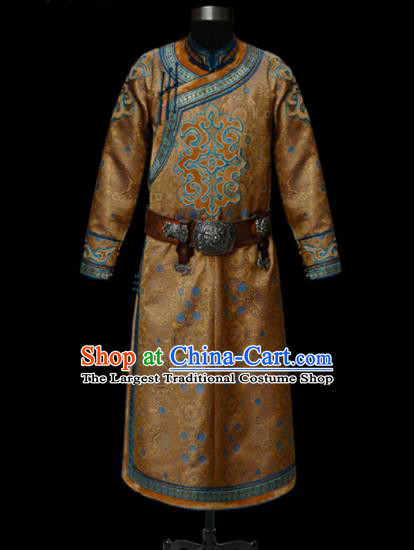 Chinese Traditional Mongol Ethnic National Ginger Robe Mongolian Minority Folk Dance Costume for Men