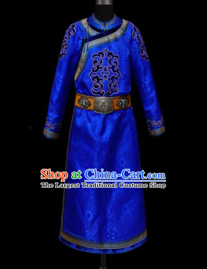 Chinese Traditional Mongol Ethnic National Royalblue Robe Mongolian Minority Folk Dance Costume for Men