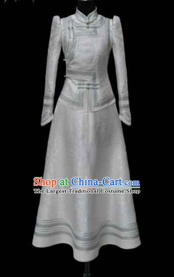 Traditional Chinese Mongol Ethnic Wedding White Dress Mongolian Minority Folk Dance Costume for Women