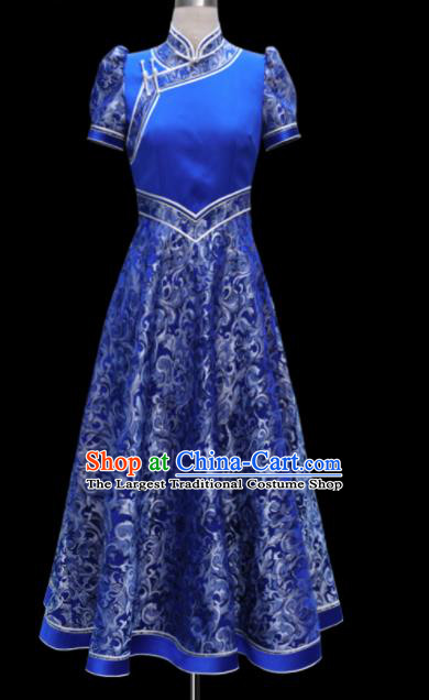 Traditional Chinese Mongol Ethnic National Wedding Royalblue Dress Mongolian Minority Folk Dance Costume for Women