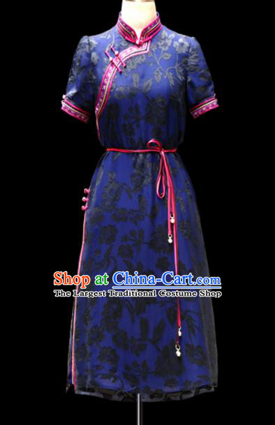 Traditional Chinese Mongol Ethnic National Blue Lace Dress Mongolian Minority Folk Dance Costume for Women