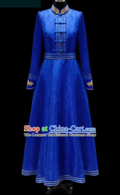 Traditional Chinese Mongol Ethnic Royalblue Dress Mongolian Minority Folk Dance Embroidered Costume for Women