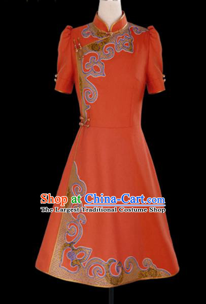 Traditional Chinese Mongol Ethnic National Orange Short Dress Mongolian Minority Folk Dance Costume for Women