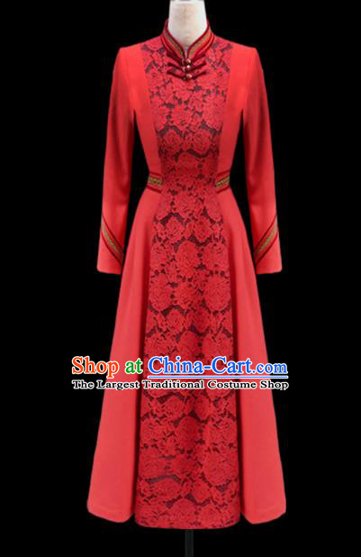 Traditional Chinese Mongol Ethnic National Red Lace Dress Mongolian Minority Folk Dance Costume for Women